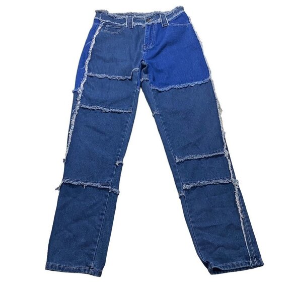 Shein Women Patchwork Medium Wash Dark Wash Denim Jeans Sz 31 x30 High-Rise - Picture 1 of 11